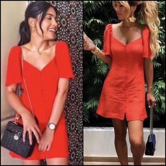 Zara Woman Red Linen Flutter Sleeve Button Dress - Picture 4 of 15